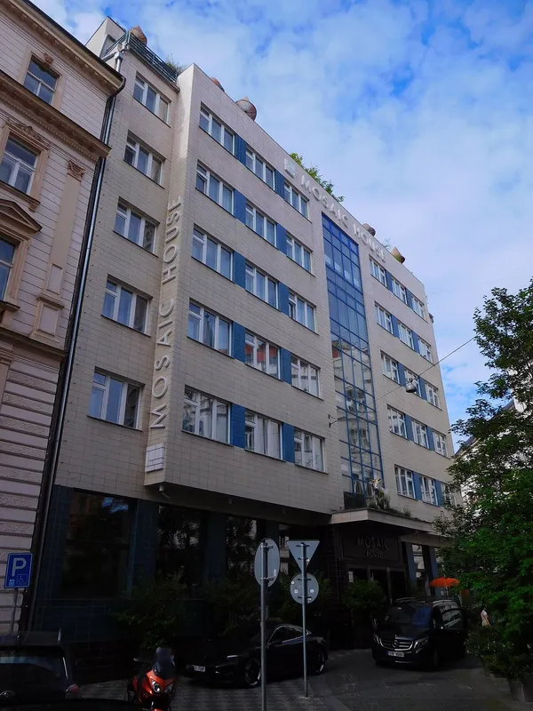 Mosaic House Design Hotel building facade on Odborů street in Prague New Town