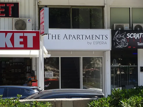 The Apartments by Esperia entrance sign on Odos Ionos Dragoumi, Rhodes New Town