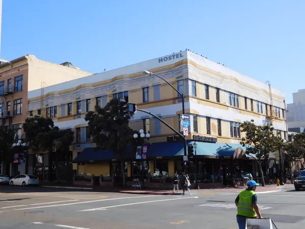 Exterior of HI San Diego Downtown Hostel building at 521 Market Street in the Gaslamp Quarter