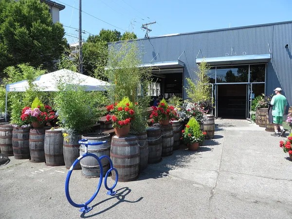 Fremont Brewing Company exterior with beer barrels and flower pots, Fremont neighborhood, Seattle