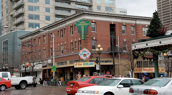 Green Tortoise Hostel exterior with signage at First and Pike, Seattle