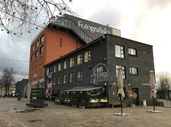 Exterior of the Fotografiska building in Tallinn's Telliskivi district, showing the Fotografiska sign