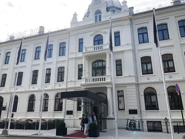 Britannia Hotel facade in Trondheim, white neoclassical building with hotel signage