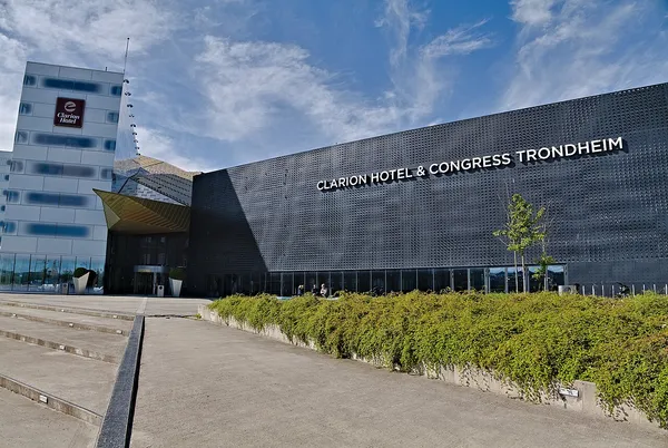 Clarion Hotel and Congress Trondheim exterior with full name on dark facade