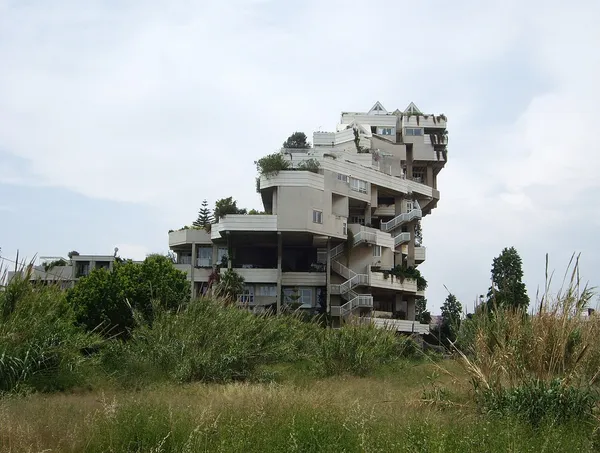 Exterior of the Espai Verd building in Benimaclet Valencia, a distinctive stepped modernist residential and aparthotel complex