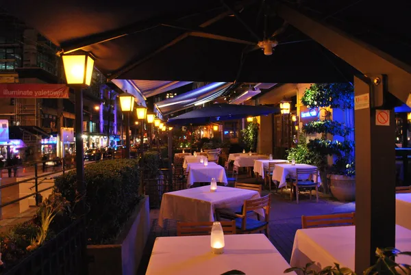 Blue Water Cafe outdoor patio in Yaletown, Vancouver at night