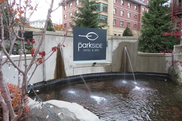 The Parkside Hotel and Spa entrance sign with fountain, Victoria BC