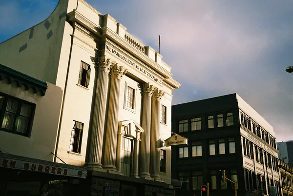 Logan Brown restaurant exterior on Cuba Street Wellington showing the heritage National Bank building